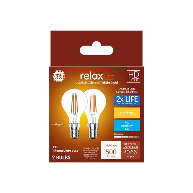 GE Relax HD LED 60 Watt Replacement, Soft White, A15 Ceiling Fan Bulbs (2 Pack)