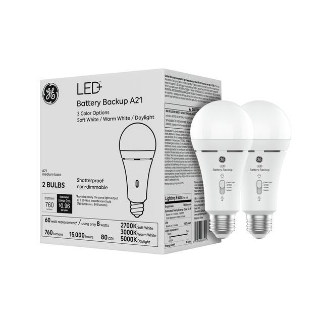 GE LED+ Battery Backup LED Light Bulbs,General Purpose, A21 Bulbs, 8 Watts (2 Pack)