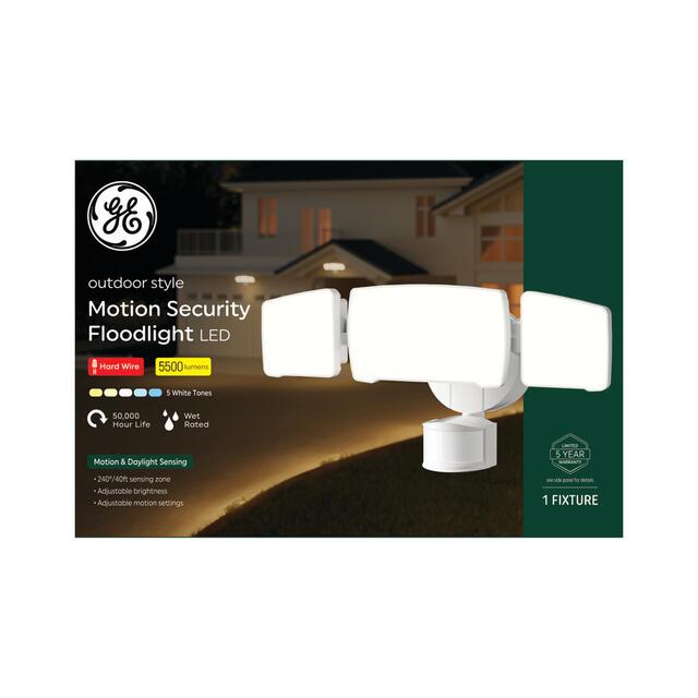 GE Outdoor Security Flood Lights, Adjustable 3-Head Light with Motion & Dusk to Dawn Sensor, Hardwired, 5500 Lumens