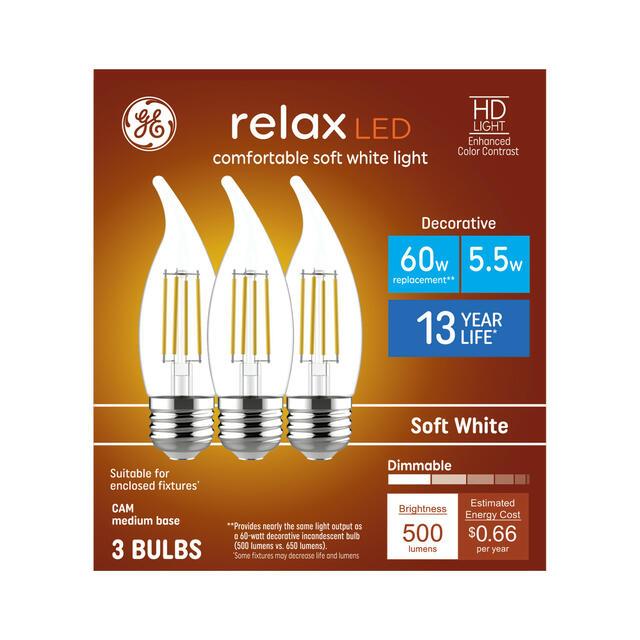 GE Relax HD CA11 LED Light Bulbs, Decorative Candle Bulbs, 60 Watt Replacement, Soft White (3 Pack)