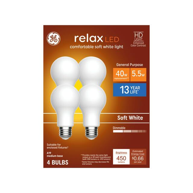 GE Relax HD A19 LED Light Bulbs, General Purpose Bulbs, 40 Watt Replacement, Soft White (4 Pack)