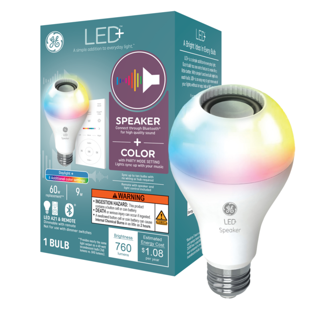 GE LED+ Bluetooth Speaker A21 LED Light Bulb, Color Changing Light Bulb with Speaker and Remote Control